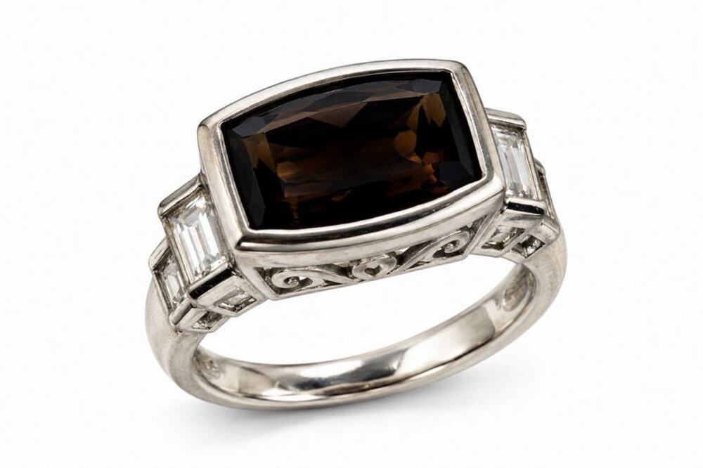 Art Deco 925 Sterling Silver Brown Smoky Quartz & White Topaz Ring Size 7